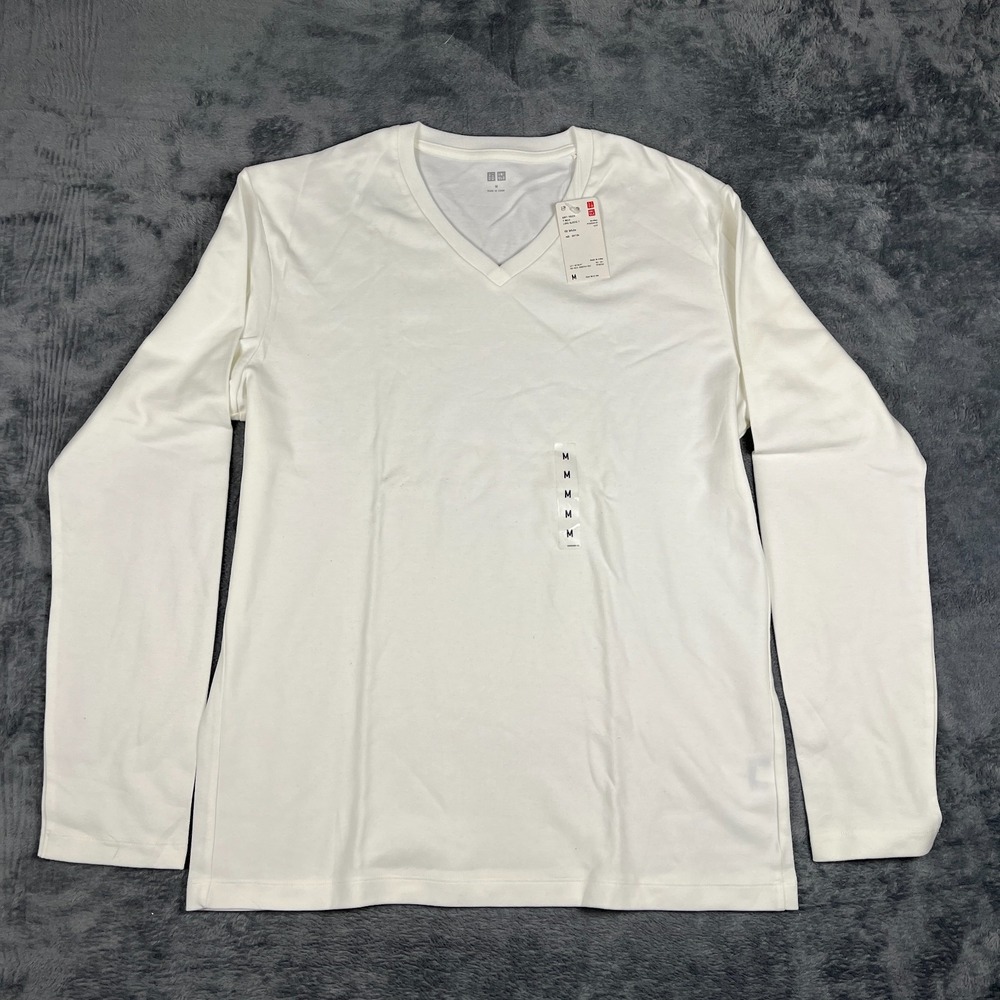 Uniqlo Soft Touch T Shirt Mens Medium White Cotton V Neck Long Sleeve Pullover